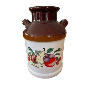 Vintage Glazed Ceramic Milk Jug W/ Handles - Brown/White Fruit, Apples
